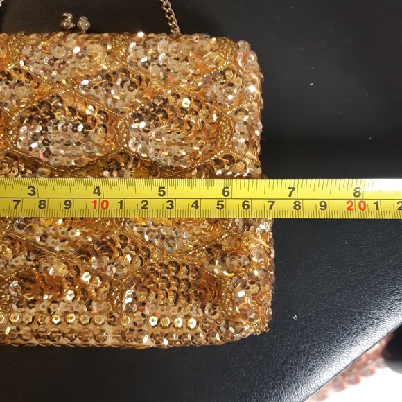 Vintage Gold Sequined Evening Kiss Lock Handbag /Clutch w/ Chain -6.5 x 5 inches - Picture 10 of 11